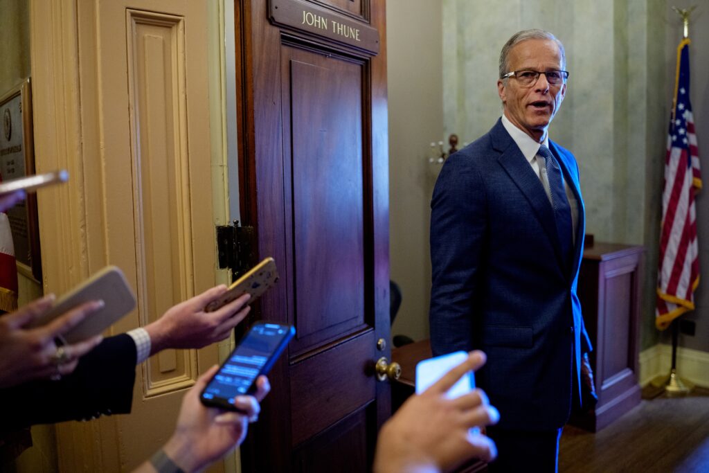 Senate Majority Leader John Thune, R-S.D., speaks to reporters as returns to his office from the Senate chamber at the U.S. Capitol Building on June 30, 2025 in Washington, D.C. (Photo by Andrew Harnik/Getty Images)