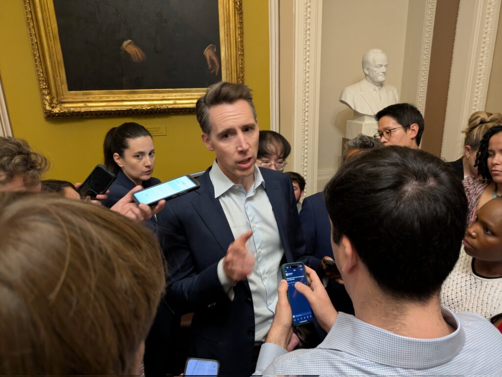 U.S. Sen. Josh Hawley, R-Mo., talks to reporters at the U.S. Capitol on Saturday, June 28, 2025. Hawley said he will vote for the budget reconciliation measure after a rural hospital fund was added. (Photo by Ashley Murray/States Newsroom)