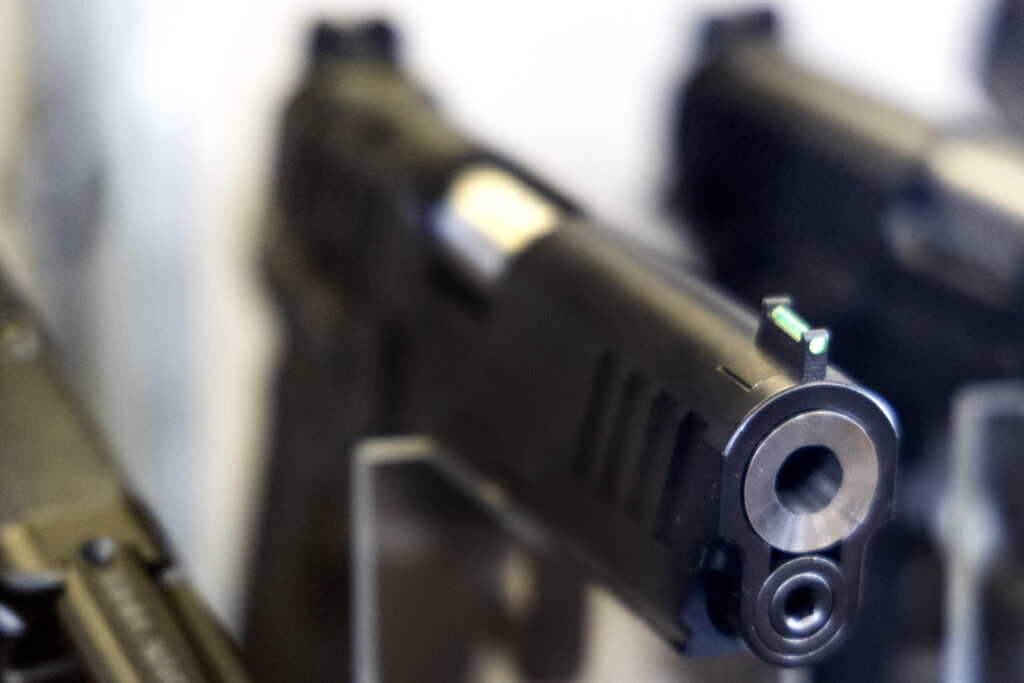 A gun on display in 2023 at Caso’s Gun-A-Rama in Jersey City, New Jersey. (Aristide Economopoulos/for NJ Monitor)