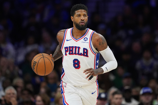 FILE - Philadelphia 76ers' Paul George plays during an NBA basketball game against the Brooklyn Nets, Feb. 22, 2025, in Philadelphia. (AP Photo/Matt Slocum, File)