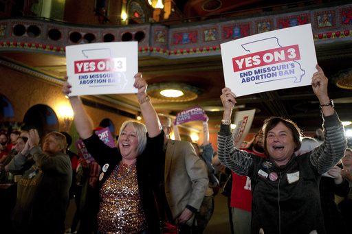 FILE - People at an election night watch party react after an abortion rights amendment to the Missouri constitution passed, Nov. 5, 2024, in Kansas City, Mo. (AP Photo/Charlie Riedel, File)