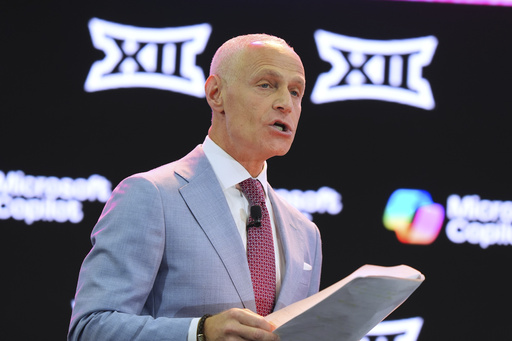 Big 12 Commissioner Brett Yormark speaks at the Big 12 NCAA college football media days in Frisco, Texas, Tuesday, July 8, 2025. (AP Photo/LM Otero)