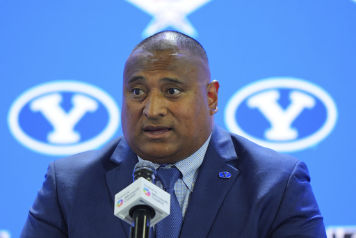 BYU head coach Kalani Sitake speaks during Big 12 NCAA college football media days in Frisco, Texas, Tuesday, July 8, 2025. (AP Photo/LM Otero)