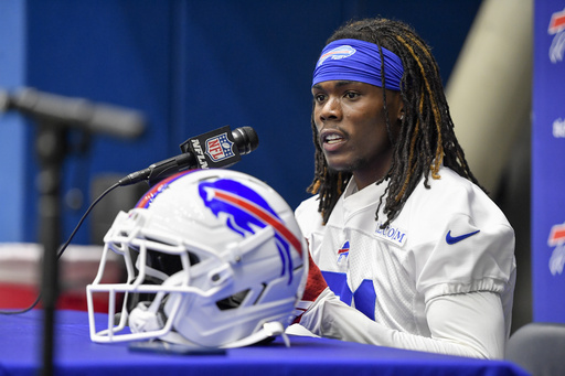 Buffalo Bills cornerbacks Maxwell Hairston (31) speaks to the media after the NFL football team's rookie minicamp in Orchard Park, N.Y., May 9, 2025. (AP Photo/Adrian Kraus)