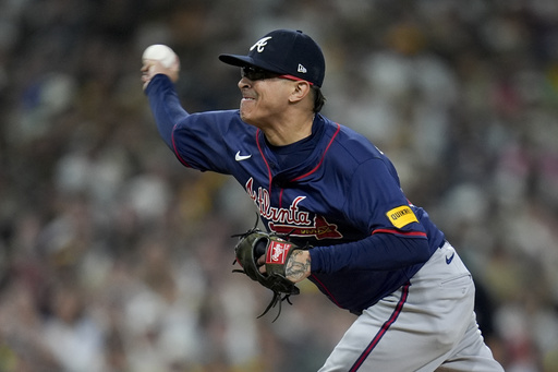 FILE - Atlanta Braves pitcher Jesse Chavez throws to a San Diego Padres batter during the sixth inning in Game 1 of an NL Wild Card Series baseball game on Oct. 1, 2024, in San Diego. (AP Photo/Gregory Bull, File)