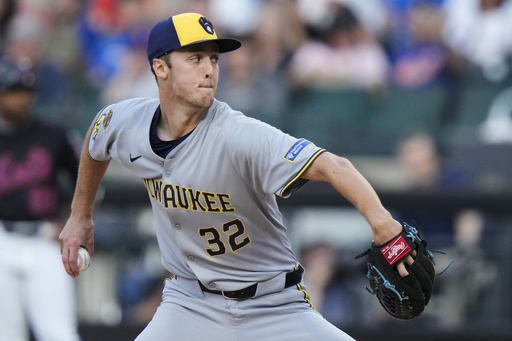 Milwaukee Brewers' Jacob Misiorowski pitches during the first inning in the second baseball game of a doubleheader against the New York Mets Wednesday, July 2, 2025, in New York. (AP Photo/Frank Franklin II)