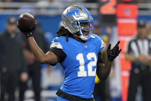 FILE - Detroit Lions quarterback Teddy Bridgewater (12) throws against the Washington Commanders during the first half of an NFL football divisional playoff game, Saturday, Jan. 18, 2025, in Detroit. (AP Photo/Seth Wenig, File)
