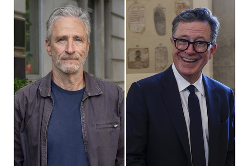 This photo combination shows Jon Stewart, left, posing for a photo outside the Department of Veterans Affairs, July 26, 2024, in Washington and Stephen Colbert being interviewed at The Vatican, June 14, 2024. (AP Photo/Kevin Wolf, Riccardo De Luca)