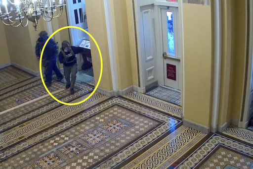 This image from U.S. Capitol Police video, contained in the statement of facts supporting the arrest warrant for Edward Kelley, and annotated by the source, shows Kelley entering the U.S. Capitol Jan. 6, 2021, in Washington. (Justice Department via AP)