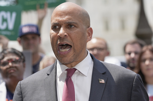 Sen. Cory Booker, D-N.J., speaks during a news conference on the Voting Rights Advancement Act, on Capitol Hill, Tuesday, July 29, 2025, in Washington. (AP Photo/Mariam Zuhaib)