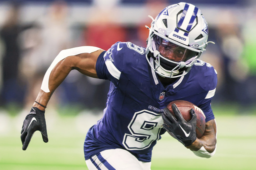 FILE - Dallas Cowboys wide receiver KaVontae Turpin runs after making a catch during the second half of an NFL football game against the Washington Commanders, Jan. 5, 2025, in Arlington, Texas. (AP Photo/Gareth Patterson, File)