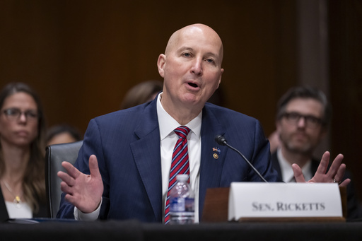 FILE - Sen. Pete Ricketts, R-Neb., introduces Dr. Jay Bhattacharya during his confirmation hearing at Capitol Hill in Washington, March 5, 2025. (AP Photo/Ben Curtis, File)