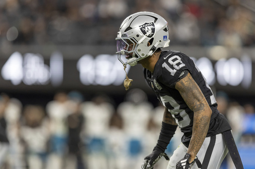 Las Vegas Raiders cornerback Jack Jones (18) lines up against the Jacksonville Jaguars in an NFL football game, Sunday, Dec. 22, 2024, in Las Vegas. (AP Photo/Jeff Lewis)