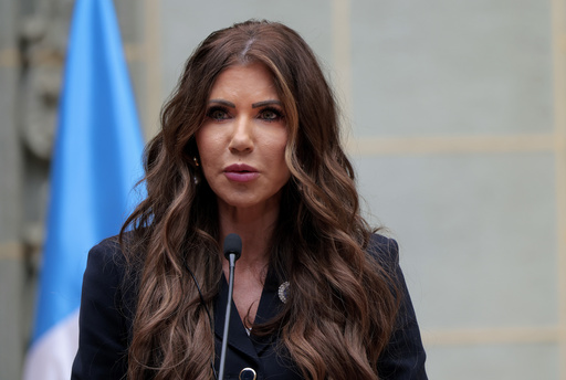 U.S. Homeland Security Secretary Kristi Noem speaks at the start of a signing ceremony at the Palacio Nacional de la Cultura, in Guatemala City, Thursday, June 26, 2025. (Anna Moneymaker/Pool Photo via AP)