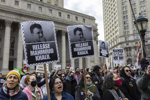 FILE - A crowd gathers in Foley Square, outside the Manhattan federal court, in support of Mahmoud Khalil, March 12, 2025, in New York. (AP Photo/Stefan Jeremiah, File)