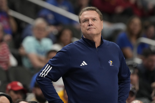 FILE - Kansas head coach Bill Self is seen on the sidelines during the second half of an NCAA college basketball game against UCF in the second round of the Big 12 Conference tournament, March 12, 2025, in Kansas City, Mo. (AP Photo/Charlie Riedel, File)