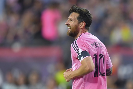 Inter Miami forward Lionel Messi celebrates after scoring in the first half of an MLS soccer match against the New England Revolution, Wednesday, July 9, 2025, in Foxborough, Mass. (AP Photo/Steven Senne)