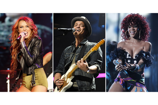 This combination of photos shows Miley Cyrus performing at the Rock in Rio music festival in Lisbon on May 29, 2010, left, Bruno Mars performing at the Z100 Jingle Ball concert in New York on Dec. 10, 2010, center, and Rihanna performing at the American Music Awards on Nov. 21, 2010. (AP Photo)