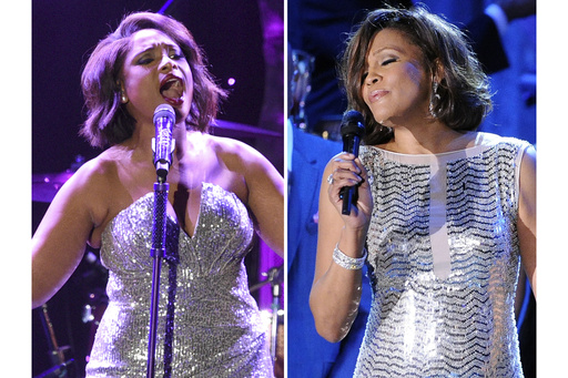 Jennifer Hudson performs at the pre-Grammy gala in Beverly Hills, Calif., on Feb. 4, 2023, left, and Whitney Houston performs at the pre-Grammy gala in Beverly Hills, Calif., on Feb. 13, 2011. (AP Photo)