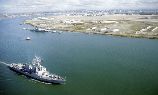 FILE - The guided-missile destroyer USS Stockdale leaves Naval Base Coronado Wednesday, Jan. 20, 2016, in Coronado, Calif. (AP Photo/Gregory Bull, File)