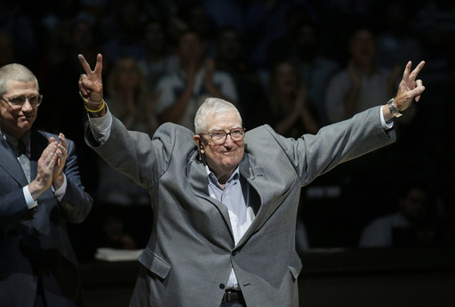 FILE - Frank Layden, former president of the Utah Jazz, is introduced during a 20-year reunion ceremony for the team that reached the 1997 NBA Finals, at halftime of the Jazz's basketball game against the New York Knicks on March 22, 2017, in Salt Lake City. (AP Photo/Rick Bowmer, Pool, File)