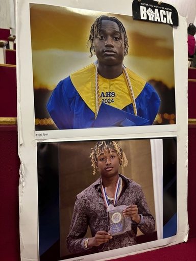Photos of Jabari Peoples, 18, are displayed at a press conference in Homewood, Ala., Tuesday, July 8, 2025. (AP Photo/Kim Chandler)