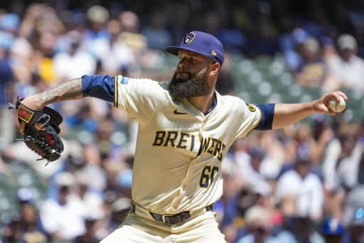 FILE - Milwaukee Brewers starter Dallas Keuchel throws during the first inning of a baseball game, June 26, 2024, in Milwaukee. (AP Photo/Morry Gash, File)