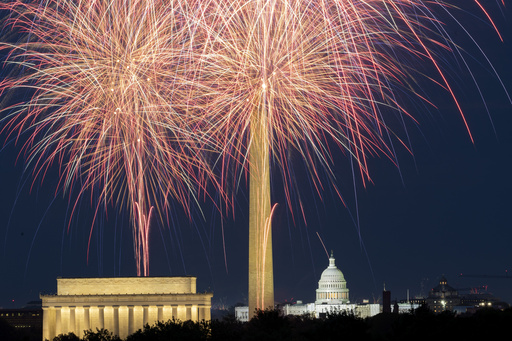FILE - Fireworks burst above the National Mall and, from left, the Lincoln Memorial, Washington Monument and the U.S. Capitol building, during Independence Day celebrations in Washington on July 4, 2023. (AP Photo/Stephanie Scarbrough, File)