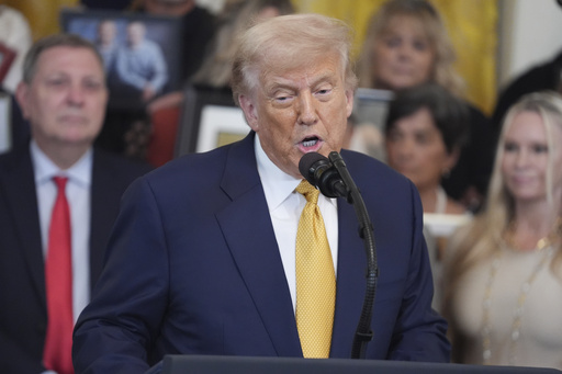 President Donald Trump speaks during a ceremony to sign the "Halt All Lethal Trafficking of Fentanyl Act," in the East Room of the White House, Wednesday, July 16, 2025, in Washington. (AP Photo/Evan Vucci)