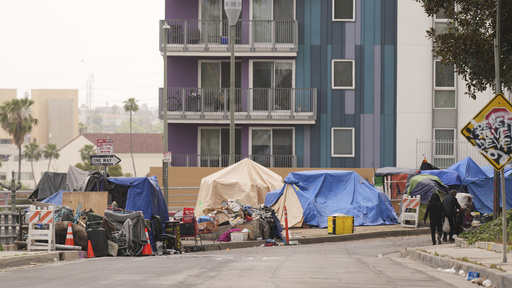 FILE - Tents are set up along a freeway in a homeless encampment, May 12, 2025, in Los Angeles. (AP Photo/Damian Dovarganes, File)