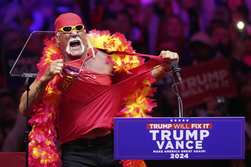 FILE - Hulk Hogan speaks before Republican presidential nominee former President Donald Trump at a campaign rally at Madison Square Garden, Oct. 27, 2024, in New York. (AP Photo/Evan Vucci, File)