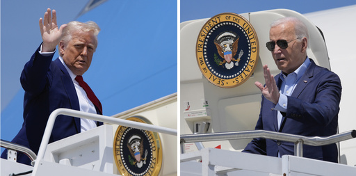 This combination of photos boarding Air Force One shows President Donald Trump, left, April 29, 2025, at Joint Base Andrews, Md., and President Joe Biden, April 16, 2024, at Wilkes-Barre Scranton International Airport in Scranton, Pa.. (AP Photo)