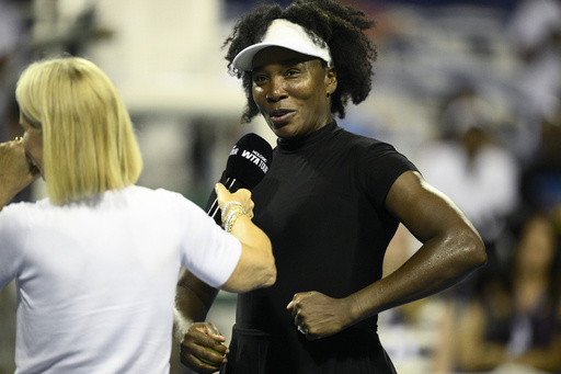 Venus Williams speaks during an interview after her win over Peyton Stearns after a match at the Citi Open tennis tournament Tuesday, July 22, 2025, in Washington. (AP Photo/Nick Wass)