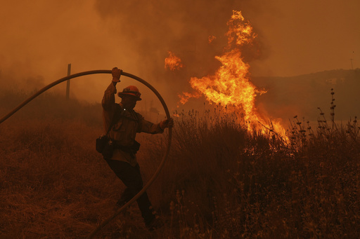 A firefighter battles the Canyon Fire on Thursday, Aug. 7, 2025, in Hasley Canyon, Calif. (AP Photo/Marcio Jose Sanchez)