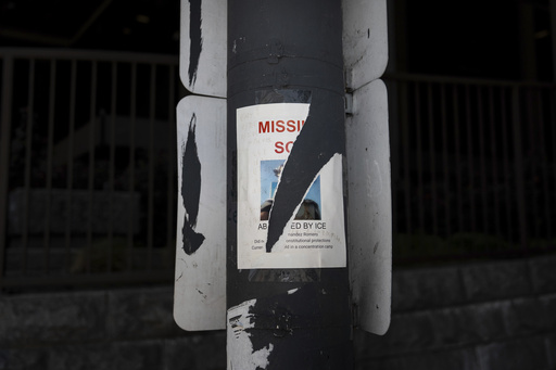 A torn missing person flyer, for an immigrant believed to be detained by ICE, is posted on a pole in Los Angeles, Saturday, July 19, 2025. (AP Photo/Jae C. Hong)