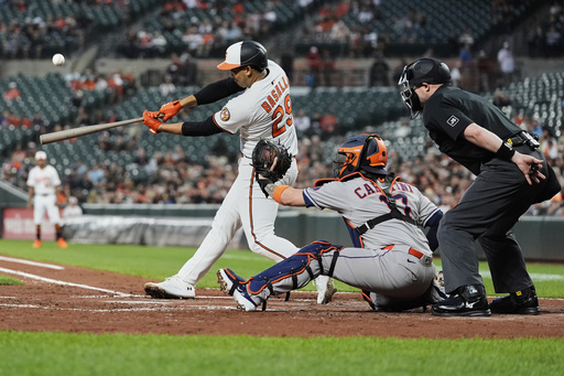 Baltimore Orioles' Sam Basallo (29) flies out during the second inning of a baseball game against the Houston Astros, Thursday, Aug. 21, 2025, in Baltimore. (AP Photo/Stephanie Scarbrough)