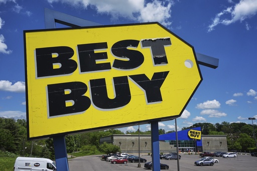 FILE - This photo shows a sign outside a Best Buy store in Bethel Park, Pa., May 15, 2025. (AP Photo/Gene J. Puskar, File)