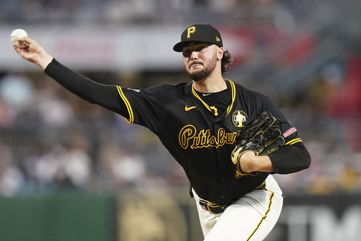 Pittsburgh Pirates pitcher Paul Skenes delivers during the sixth inning of a baseball game against the Toronto Blue Jays, Monday, Aug. 18, 2025, in Pittsburgh. (AP Photo/Matt Freed)
