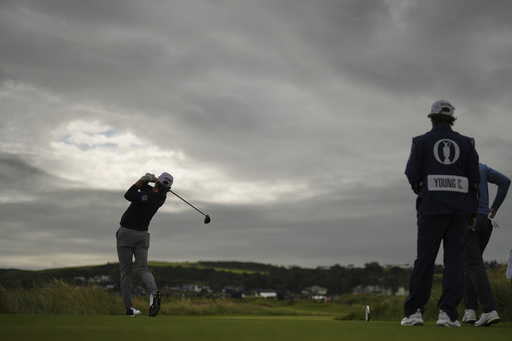 Cameron Young of the United States plays off the 8th tee during the first round of the British Open golf championship at the Royal Portrush Golf Club, Northern Ireland, Thursday, July 17, 2025. (AP Photo/Francisco Seco)