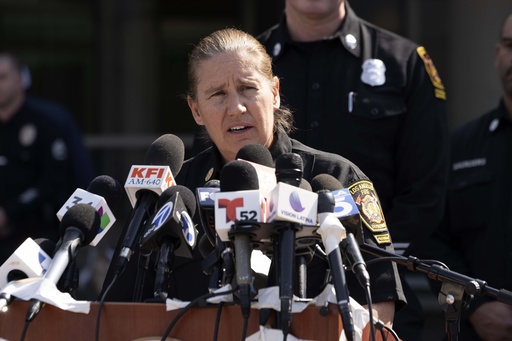 FILE - Los Angeles Fire Department Chief Kristin Crowley talks during a news conference at Harbor–UCLA Medical Center in the West Carson area of Los Angeles, Feb. 15, 2024. (AP Photo/Richard Vogel, File)