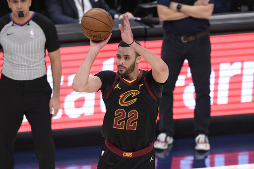 FILE - Cleveland Cavaliers forward Larry Nance Jr. (22) shoots during the second half of an NBA basketball game against the Washington Wizards, April 25, 2021, in Washington. (AP Photo/Nick Wass, file)