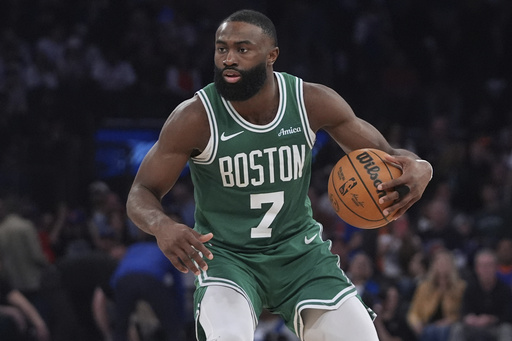 FILE - Boston Celtics' Jaylen Brown during the second half of Game 6 in the Eastern Conference semifinals of the NBA basketball playoffs against the New York Knicks, May 16, 2025, in New York. (AP Photo/Frank Franklin II, File)