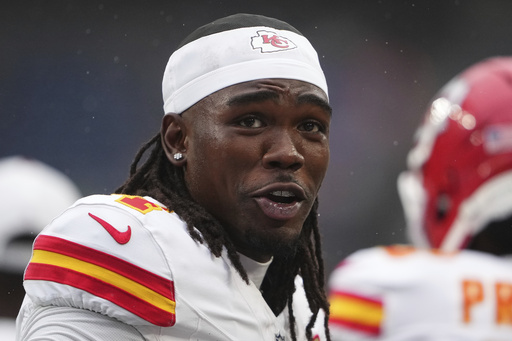 Kansas City Chiefs wide receiver Rashee Rice (4) reacts during warm ups before an NFL preseason football game against the Seattle Seahawks, Friday, Aug. 15, 2025, in Seattle. (AP Photo/Lindsey Wasson)