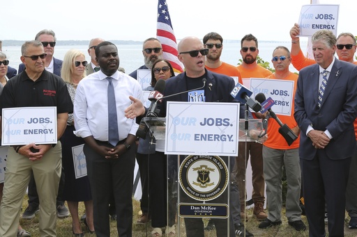 Patrick Crowley, president of the Rhode Island AFL-CIO, calls on the Trump administration to allow work to resume on the Revolution Wind offshore wind farm during a news conference in North Kingstown, R.I., Monday, Aug. 25, 2025. (AP Photo/Jennifer McDermott)