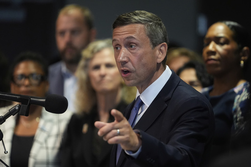 DNC Chairman Ken Martin speaks during a news conference in Aurora, Ill., on Tuesday, Aug 5, 2025. (AP Photo/Erin Hooley)