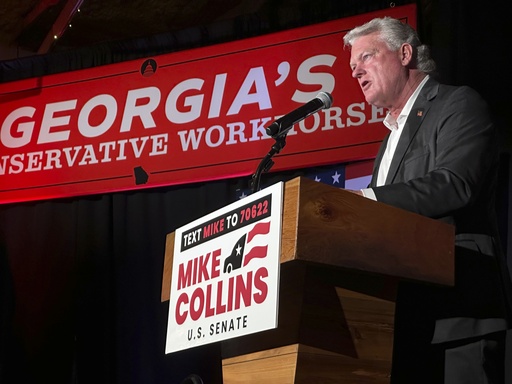 U.S. Rep. Mike Collins speaks at a Senate campaign event on Tuesday, Aug. 19, 2025, in Jackson, Ga. (AP Photo/Jeff Amy)
