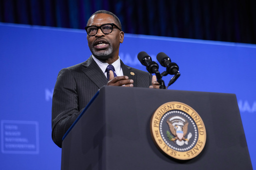 FILE - NAACP President and CEO Derrick Johnson speaks before President Joe Biden addresses the crowd, at the 115th NAACP National Convention in Las Vegas, July 16, 2024. (AP Photo/Susan Walsh, File)