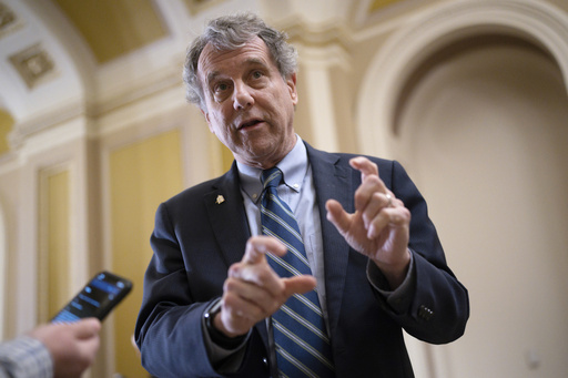 FILE - Senate Banking Committee Chairman Sherrod Brown, D-Ohio, speaks with reporters at the Capitol in Washington, March 15, 2023. (AP Photo/J. Scott Applewhite, File)
