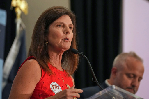 South Carolina Lt. Gov. Pamela Evette speaks at a "Freedom Fry" event hosted by Rep. Russell Fry, R-S.C., Monday, Aug. 18, 2025, in Myrtle Beach, S.C. (AP Photo/Meg Kinnard)