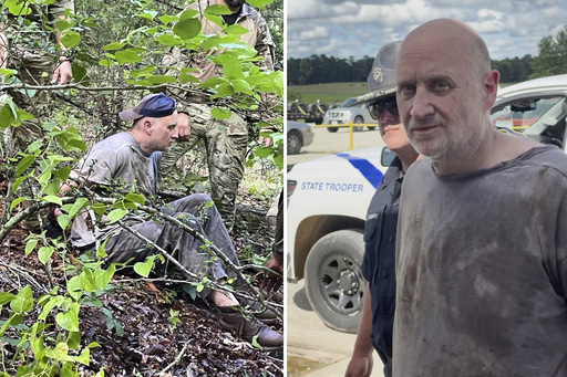 FILE - This combo of images released by the Arkansas Department of Corrections shows the recapture of escaped inmate Grant Hardin, an ex-police chief and convicted killer, by Arkansas law enforcement officers and the U.S. Border Patrol, June 6, 2025, near Moccasin Creek in Izard County, about 1.5 miles (2.4 kilometers) northwest of Calico Rock prison. in Calico Rock, Ark. (Arkansas Department of Corrections via AP, File)
